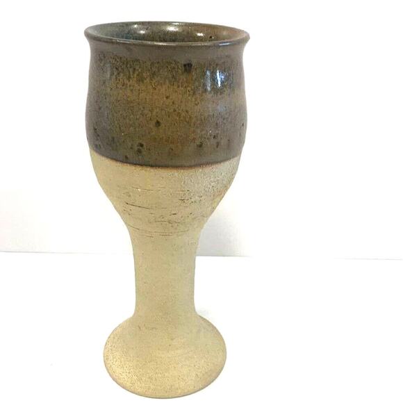 Vintage Wine Goblet Candle Holder Studio Art Pottery Stoneware Brown Glaze Cream - Picture 1 of 4